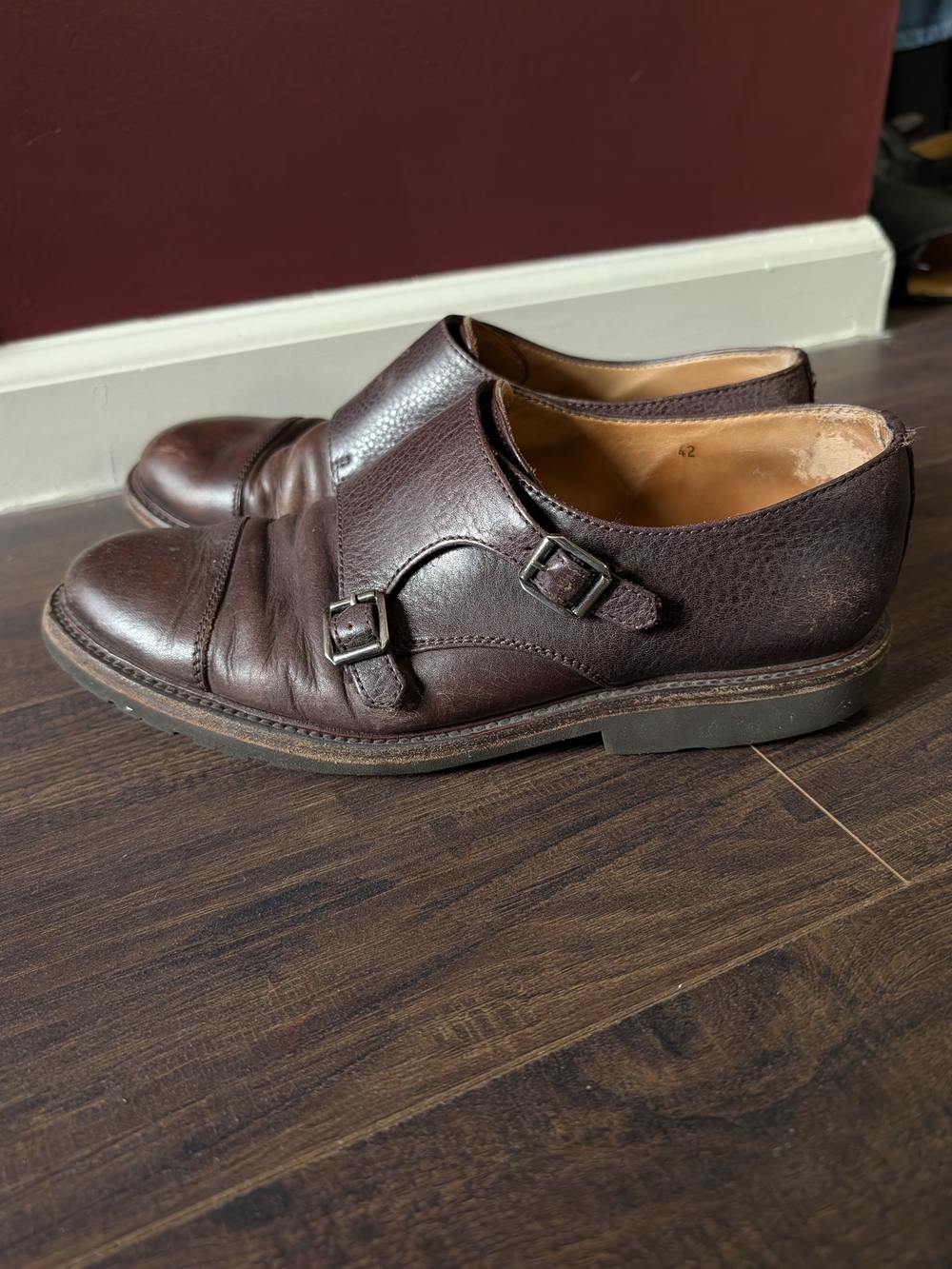 Brunello Cucinelli Brown Pebbled Leather Double Monk Strap Derby Shoes Italy 42